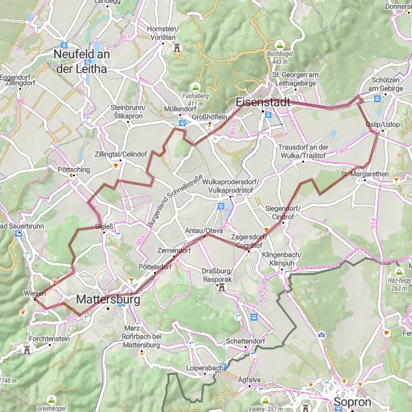 Miniatura mapy "Trasa Gravel w okolicach Wiesen" - trasy rowerowej w Burgenland, Austria. Wygenerowane przez planer tras rowerowych Tarmacs.app