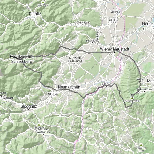 Miniatura della mappa di ispirazione al ciclismo "Esplorazione dei Castelli" nella regione di Burgenland, Austria. Generata da Tarmacs.app, pianificatore di rotte ciclistiche