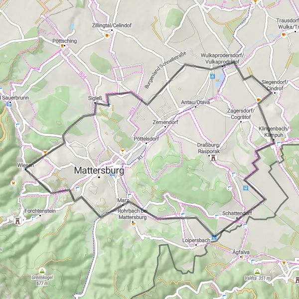 Map miniature of "Scenic Beauty and Local Charm" cycling inspiration in Burgenland, Austria. Generated by Tarmacs.app cycling route planner
