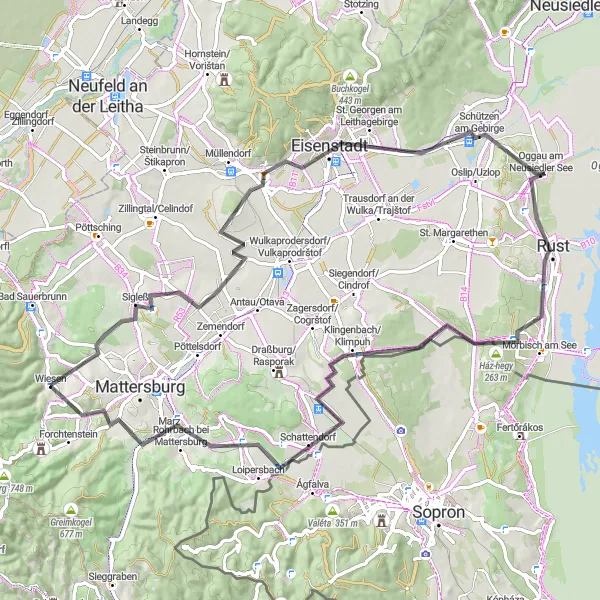 Mapa miniatúra "Okolo Wiesenu na ceste" cyklistická inšpirácia v Burgenland, Austria. Vygenerované cyklistickým plánovačom trás Tarmacs.app