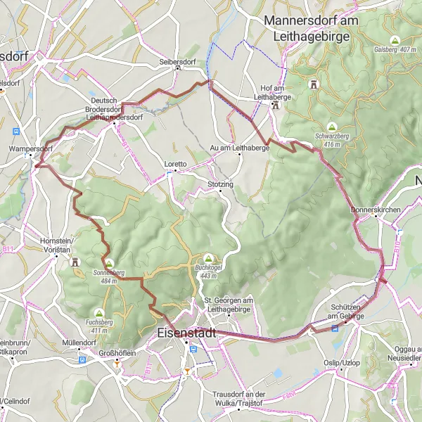 Miniaturní mapa "Gravelový okruh kolem Leithaprodersdorfu" inspirace pro cyklisty v oblasti Burgenland, Austria. Vytvořeno pomocí plánovače tras Tarmacs.app