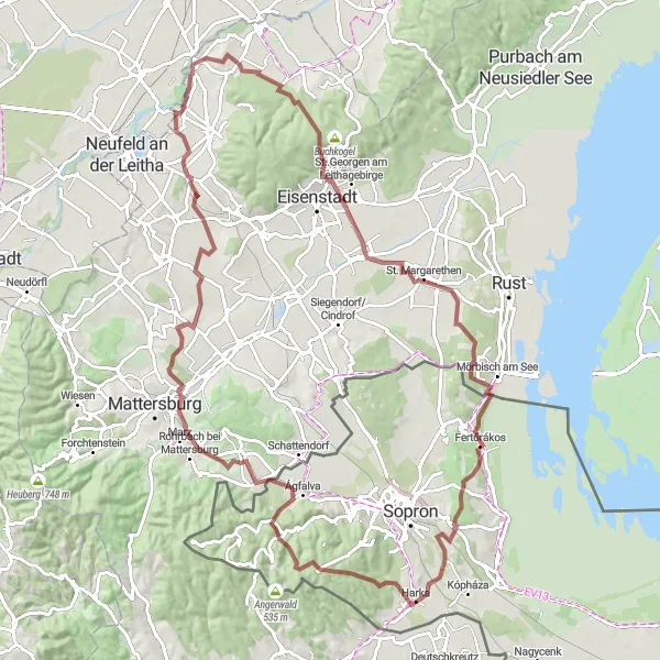 Map miniature of "The Ultimate Gravel Challenge: Gscheidkreuz to Wimpassing an der Leitha" cycling inspiration in Burgenland, Austria. Generated by Tarmacs.app cycling route planner