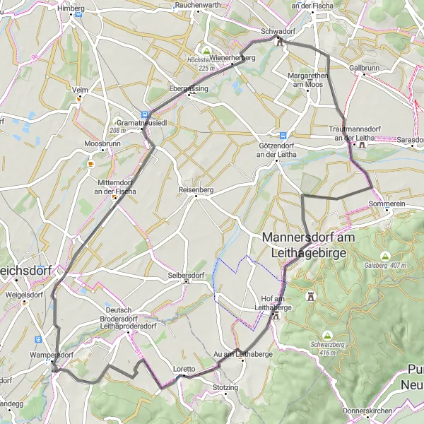 Miniatura della mappa di ispirazione al ciclismo "Giro in Bicicletta attraverso Mannersdorf am Leithagebirge" nella regione di Burgenland, Austria. Generata da Tarmacs.app, pianificatore di rotte ciclistiche