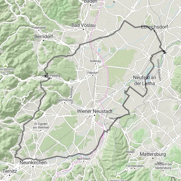 Miniatua del mapa de inspiración ciclista "Ruta de ciclismo de carretera con 716 metros de ascenso y 112 km de distancia" en Burgenland, Austria. Generado por Tarmacs.app planificador de rutas ciclistas
