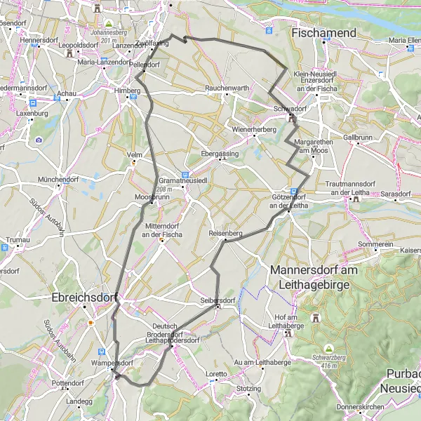 Mapa miniatúra "Cyklotrasa Wimpassing an der Leitha - Hirschbühel" cyklistická inšpirácia v Burgenland, Austria. Vygenerované cyklistickým plánovačom trás Tarmacs.app