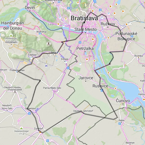 Zemljevid v pomanjšavi "Okoliška kolesarska pot Prellenkirchen – Bratislava" kolesarske inspiracije v Burgenland, Austria. Generirano z načrtovalcem kolesarskih poti Tarmacs.app