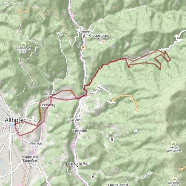 Miniatura della mappa di ispirazione al ciclismo "Avventura in bicicletta tra strade bianche intorno ad Althofen" nella regione di Kärnten, Austria. Generata da Tarmacs.app, pianificatore di rotte ciclistiche