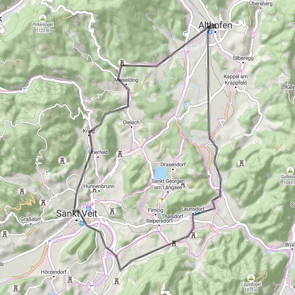 Kartminiatyr av "Windischberg og Sankt Veit Rundtur" sykkelinspirasjon i Kärnten, Austria. Generert av Tarmacs.app sykkelrutoplanlegger