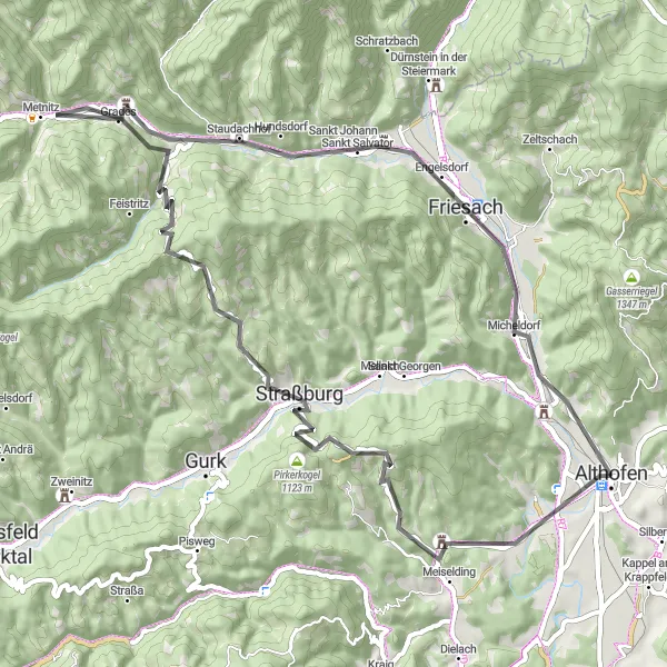 Miniature de la carte de l'inspiration cycliste "Le Circuit Médiéval" dans la Kärnten, Austria. Générée par le planificateur d'itinéraire cycliste Tarmacs.app