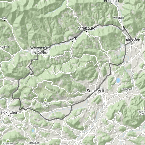 Miniatura della mappa di ispirazione al ciclismo "Giro in bicicletta attraverso Mölbling, Sankt Veit e Zammelsberg" nella regione di Kärnten, Austria. Generata da Tarmacs.app, pianificatore di rotte ciclistiche