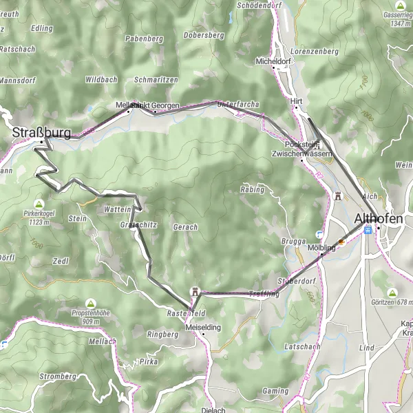 Kartminiatyr av "Runtur i Kärnten: Historisk cykeltur via Mölbling och Hornturm" cykelinspiration i Kärnten, Austria. Genererad av Tarmacs.app cykelruttplanerare