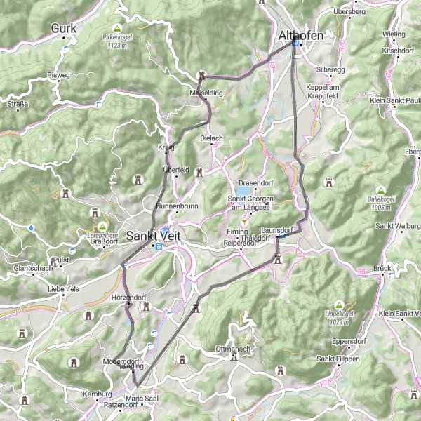 Miniatuurkaart van de fietsinspiratie "Ronde van Althofen via Windischberg en Maria Saal" in Kärnten, Austria. Gemaakt door de Tarmacs.app fietsrouteplanner