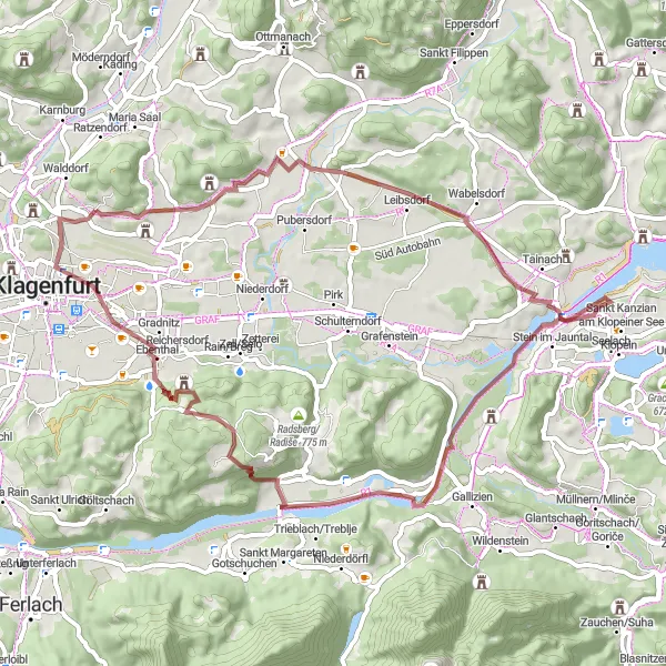 Karttaminiaatyyri "Eselberg ja Werouzach reitti" pyöräilyinspiraatiosta alueella Kärnten, Austria. Luotu Tarmacs.app pyöräilyreittisuunnittelijalla