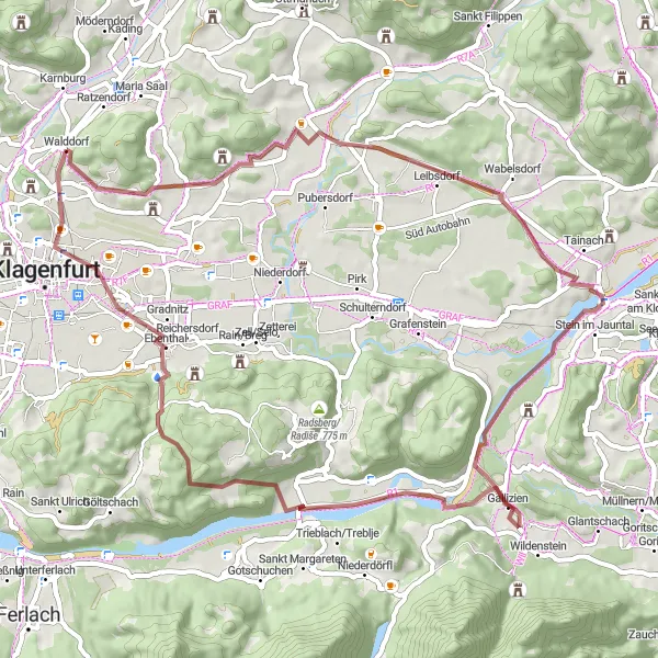 Miniatura della mappa di ispirazione al ciclismo "Tour in Gravel tra Eselberg e Annabichl" nella regione di Kärnten, Austria. Generata da Tarmacs.app, pianificatore di rotte ciclistiche