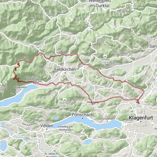 Miniatua del mapa de inspiración ciclista "Recorrido de grava alrededor de los lagos" en Kärnten, Austria. Generado por Tarmacs.app planificador de rutas ciclistas