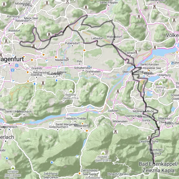 Miniatua del mapa de inspiración ciclista "Ruta panorámica desde Annabichl a Dullach II" en Kärnten, Austria. Generado por Tarmacs.app planificador de rutas ciclistas