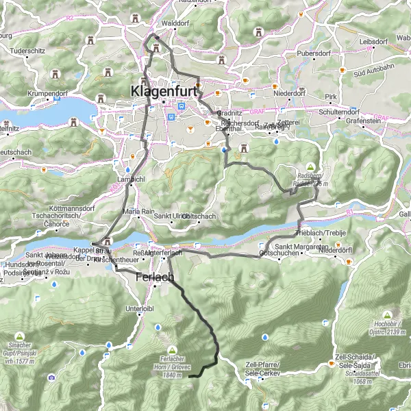 Mapa miniatúra "Trasa cez hory Spitalsberg a Ferlach" cyklistická inšpirácia v Kärnten, Austria. Vygenerované cyklistickým plánovačom trás Tarmacs.app