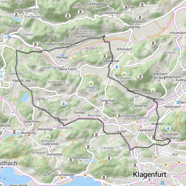 Mapa miniatúra "Cyklistická trasa cez Lendorf a Pörtschacher Berg" cyklistická inšpirácia v Kärnten, Austria. Vygenerované cyklistickým plánovačom trás Tarmacs.app