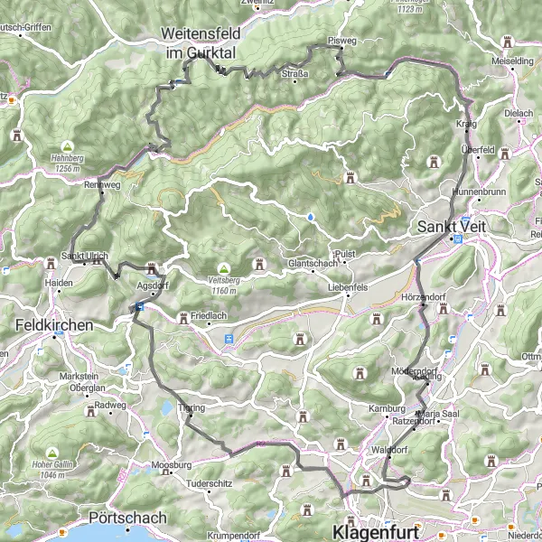 Zemljevid v pomanjšavi "Razgledno kolesarjenje po Lendorfu in okolici" kolesarske inspiracije v Kärnten, Austria. Generirano z načrtovalcem kolesarskih poti Tarmacs.app