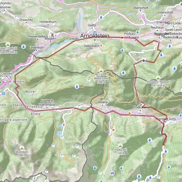 Miniatura della mappa di ispirazione al ciclismo "Percorso in bicicletta off-road di 49 km vicino ad Arnoldstein" nella regione di Kärnten, Austria. Generata da Tarmacs.app, pianificatore di rotte ciclistiche