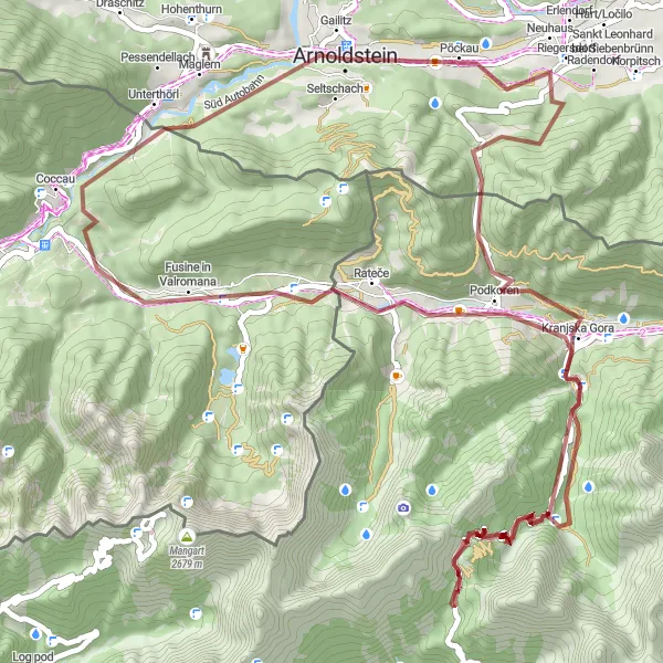 Map miniature of "Podkoren Gravel Loop" cycling inspiration in Kärnten, Austria. Generated by Tarmacs.app cycling route planner