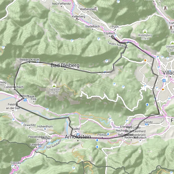 Zemljevid v pomanjšavi "Raznolika kolesarska pot" kolesarske inspiracije v Kärnten, Austria. Generirano z načrtovalcem kolesarskih poti Tarmacs.app