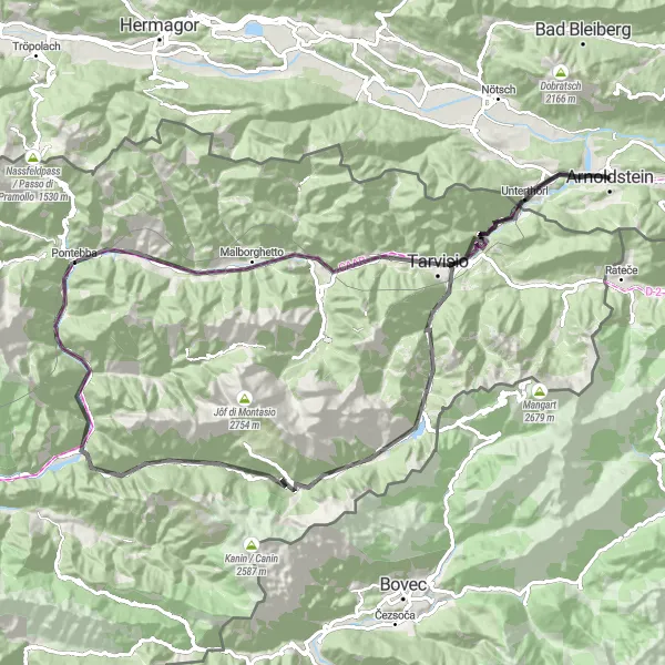 Miniatura della mappa di ispirazione al ciclismo "Giro in bicicletta strada di 101 km da Arnoldstein" nella regione di Kärnten, Austria. Generata da Tarmacs.app, pianificatore di rotte ciclistiche