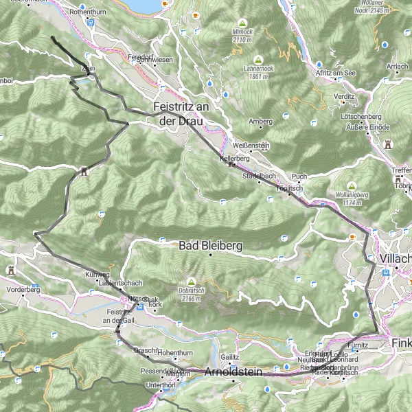 Miniatura della mappa di ispirazione al ciclismo "Giro in bicicletta su strada di 91 km partendo da Arnoldstein" nella regione di Kärnten, Austria. Generata da Tarmacs.app, pianificatore di rotte ciclistiche