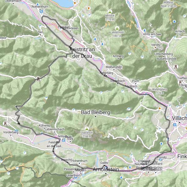 Kartminiatyr av "Historiska platser och natursköna vägar" cykelinspiration i Kärnten, Austria. Genererad av Tarmacs.app cykelruttplanerare