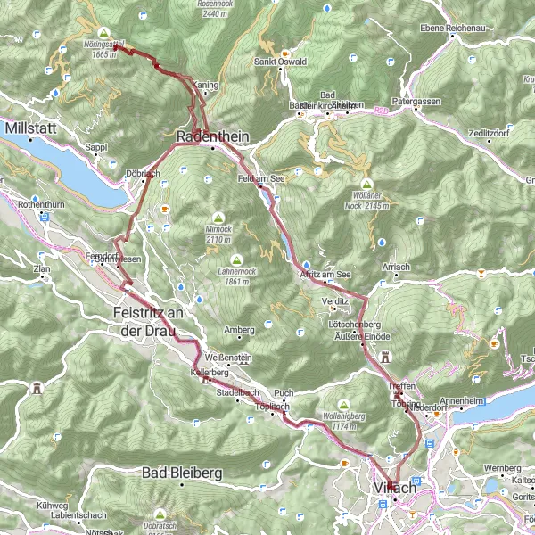 Miniatura della mappa di ispirazione al ciclismo "Giro in bicicletta intorno a Auen - Ghiaia" nella regione di Kärnten, Austria. Generata da Tarmacs.app, pianificatore di rotte ciclistiche