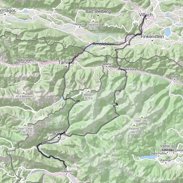 Miniatura mapy "Trasa szosowa z Auen do Kranjskiej Gory" - trasy rowerowej w Kärnten, Austria. Wygenerowane przez planer tras rowerowych Tarmacs.app