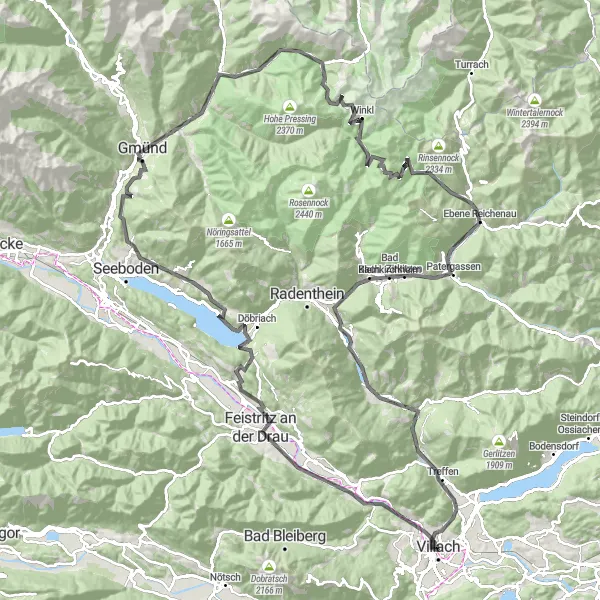 Miniatura della mappa di ispirazione al ciclismo "Avventura su strada tra i laghi austriaci" nella regione di Kärnten, Austria. Generata da Tarmacs.app, pianificatore di rotte ciclistiche