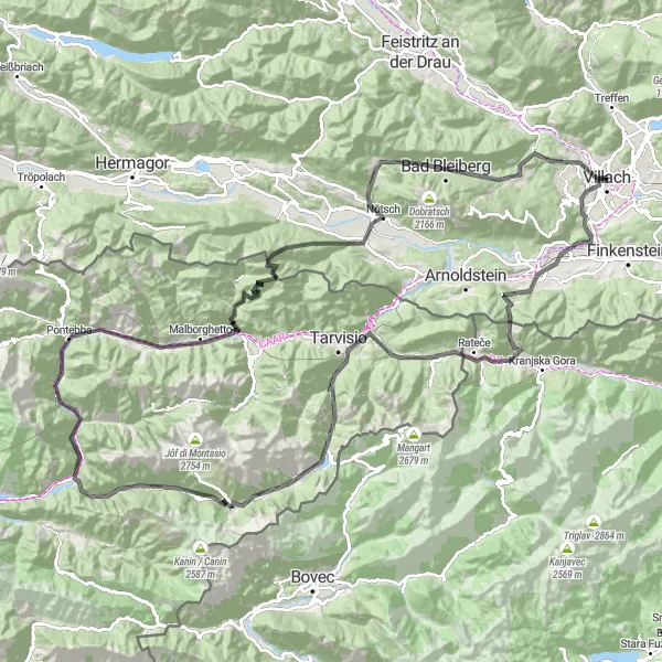 Kartminiatyr av "Veier gjennom fjell og daler" sykkelinspirasjon i Kärnten, Austria. Generert av Tarmacs.app sykkelrutoplanlegger