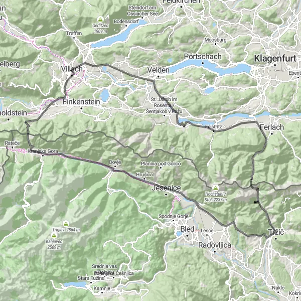 Miniatura mapy "Trasa szosowa z Auen do Kranjskiej Gory 2" - trasy rowerowej w Kärnten, Austria. Wygenerowane przez planer tras rowerowych Tarmacs.app