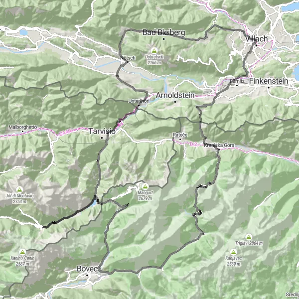 Kartminiatyr av "Alpene rundtur" sykkelinspirasjon i Kärnten, Austria. Generert av Tarmacs.app sykkelrutoplanlegger