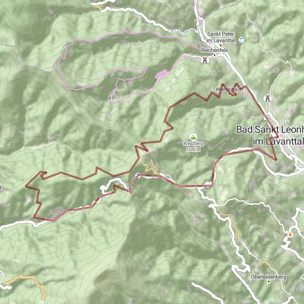 Map miniature of "Cascading Gravel Journey" cycling inspiration in Kärnten, Austria. Generated by Tarmacs.app cycling route planner