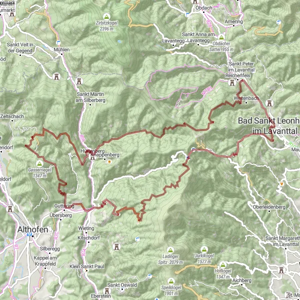 Miniatua del mapa de inspiración ciclista "Ruta de Grava de Bad Sankt Leonhard im Lavanttal" en Kärnten, Austria. Generado por Tarmacs.app planificador de rutas ciclistas