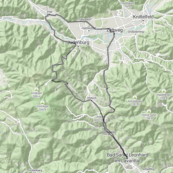 Miniatura della mappa di ispirazione al ciclismo "Tour Ciclistico delle Colline di Kärnten" nella regione di Kärnten, Austria. Generata da Tarmacs.app, pianificatore di rotte ciclistiche