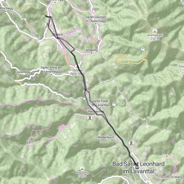 Kartminiatyr av "Utforsk Obdacher Sattel og Stessleck-landskapet" sykkelinspirasjon i Kärnten, Austria. Generert av Tarmacs.app sykkelrutoplanlegger