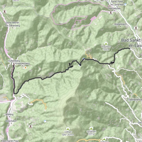 Miniatua del mapa de inspiración ciclista "Ruta del Asfalto de Bad Sankt Leonhard im Lavanttal" en Kärnten, Austria. Generado por Tarmacs.app planificador de rutas ciclistas