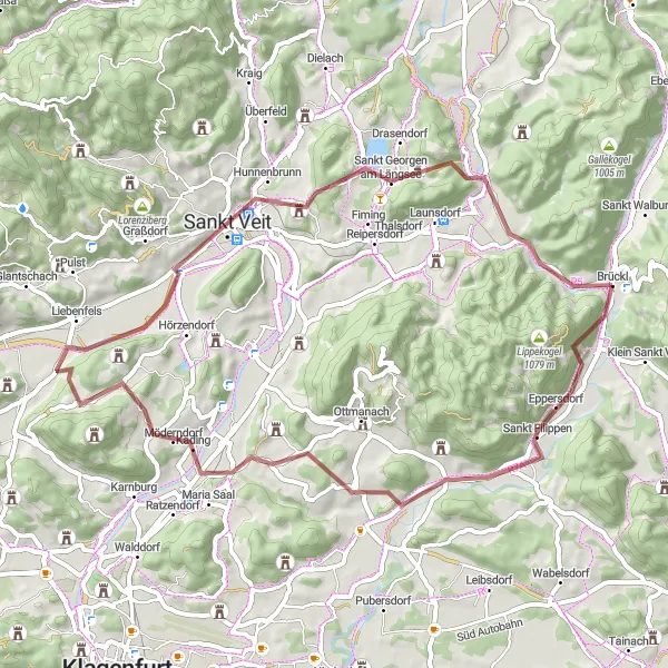 Mapa miniatúra "Gravel okruh s pestrými pamiatkami" cyklistická inšpirácia v Kärnten, Austria. Vygenerované cyklistickým plánovačom trás Tarmacs.app