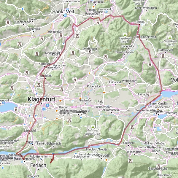 Karttaminiaatyyri "Gravel Adventure to Klagenfurt and Burg Hochosterwitz" pyöräilyinspiraatiosta alueella Kärnten, Austria. Luotu Tarmacs.app pyöräilyreittisuunnittelijalla