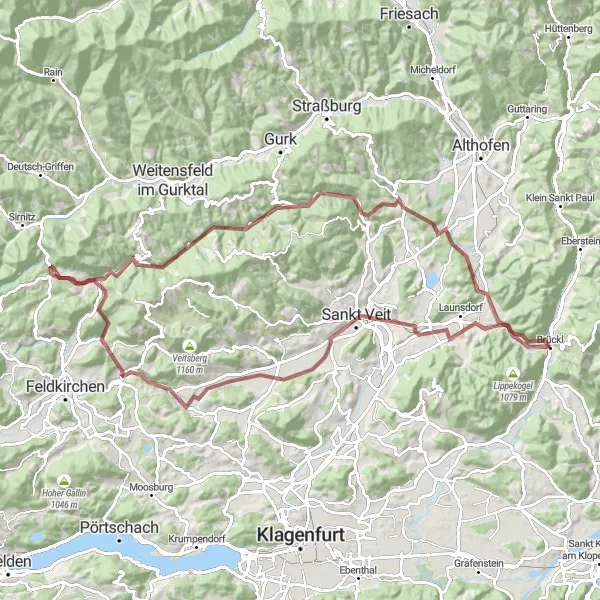 Map miniature of "Brückl - Sankt Veit - Glanegg - Steuerberg - Jedlnigkogel - Finsterdorf - Mühlberg - Wiendorf" cycling inspiration in Kärnten, Austria. Generated by Tarmacs.app cycling route planner