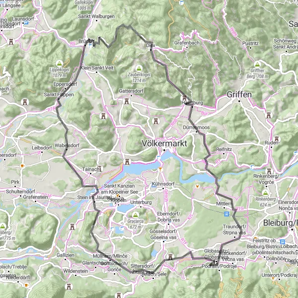 Map miniature of "Around the Mountains" cycling inspiration in Kärnten, Austria. Generated by Tarmacs.app cycling route planner