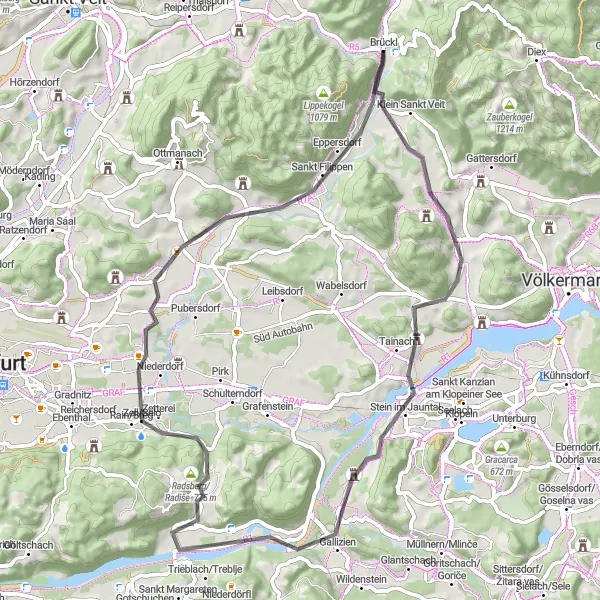 Miniatura della mappa di ispirazione al ciclismo "Scoperta dei Castelli tra Frankenstein e Sankt Thomas" nella regione di Kärnten, Austria. Generata da Tarmacs.app, pianificatore di rotte ciclistiche