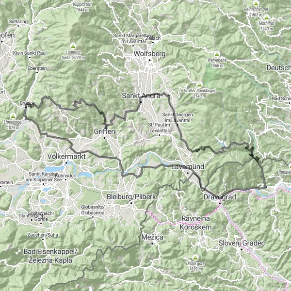 Miniaturní mapa "Okružní cyklistická trasa Brückl - Plötschgekogel - Diex - Griffen - Griffner Berg - Sankt Georgen im Lavanttal - Lamprechtsberg - Soboth - Jakobihaus - Stražišnikov hrib - Skala - Lavamünd - Schloss Lippitzbach - Lisnaberg - Wintschkogel - Burgruine Waisenberg - Brückl" inspirace pro cyklisty v oblasti Kärnten, Austria. Vytvořeno pomocí plánovače tras Tarmacs.app