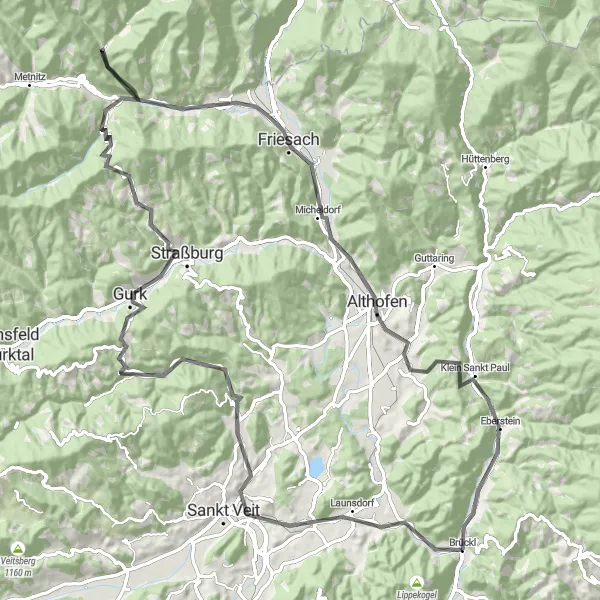 Miniature de la carte de l'inspiration cycliste "Escapade dans les Collines de Carinthie" dans la Kärnten, Austria. Générée par le planificateur d'itinéraire cycliste Tarmacs.app