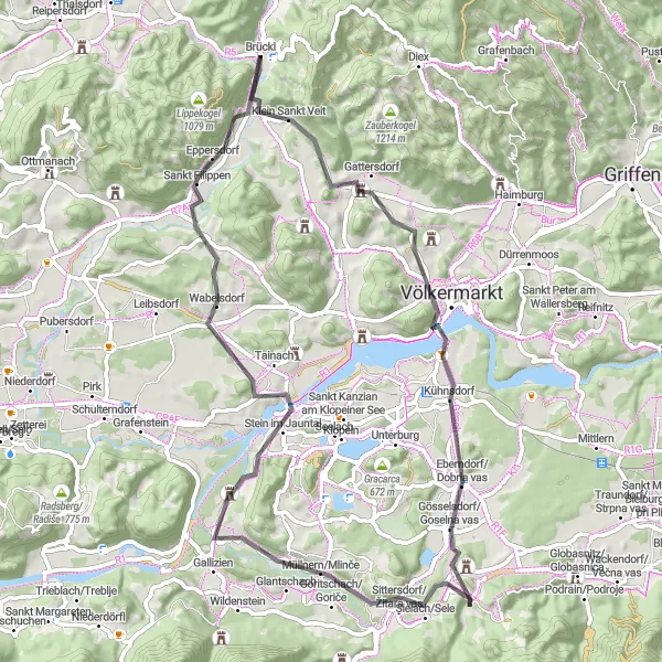 Miniature de la carte de l'inspiration cycliste "Tour des Châteaux en Carinthie" dans la Kärnten, Austria. Générée par le planificateur d'itinéraire cycliste Tarmacs.app