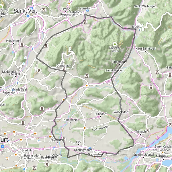 Mapa miniatúra "Cyklotrasa okolo Brückl" cyklistická inšpirácia v Kärnten, Austria. Vygenerované cyklistickým plánovačom trás Tarmacs.app