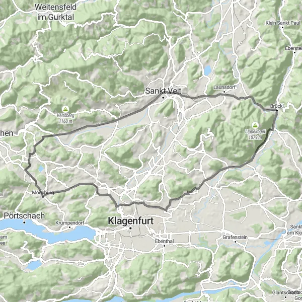 Miniatura della mappa di ispirazione al ciclismo "St. Thomas to Brückl Road Adventure" nella regione di Kärnten, Austria. Generata da Tarmacs.app, pianificatore di rotte ciclistiche